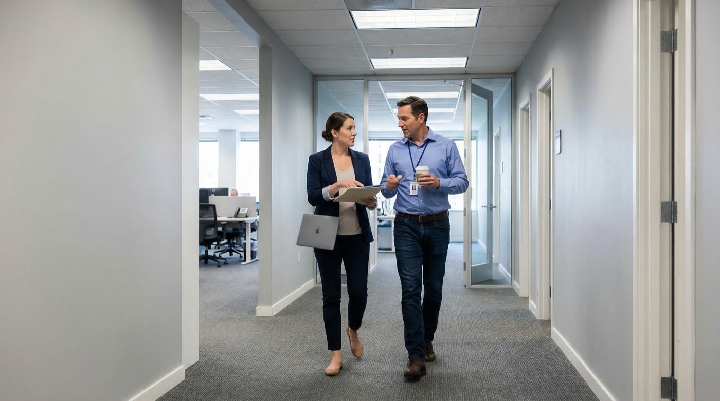 Dwoje współpracowników idzie na spotkanie