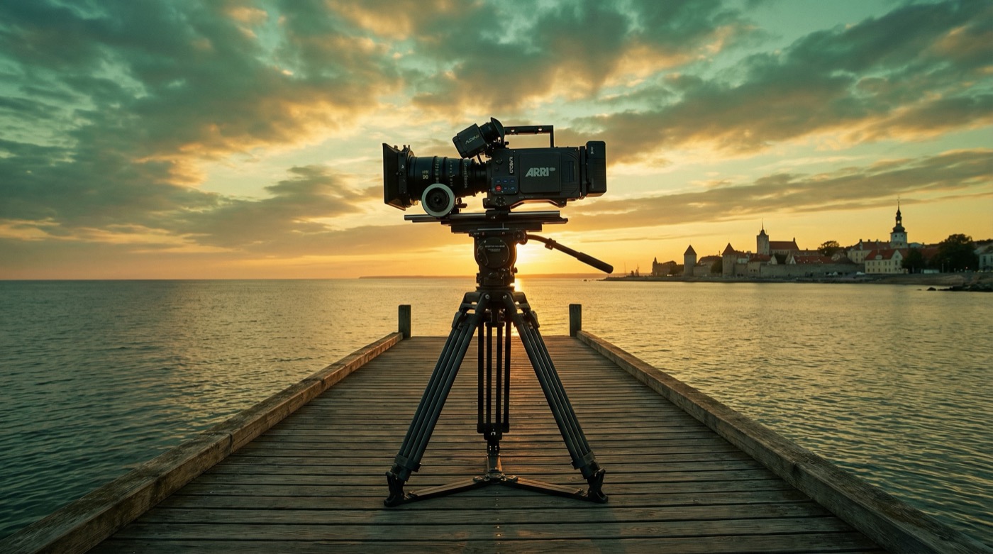 Produkcja filmowa w Gdyni - kamera na molo o zachodzie słońca