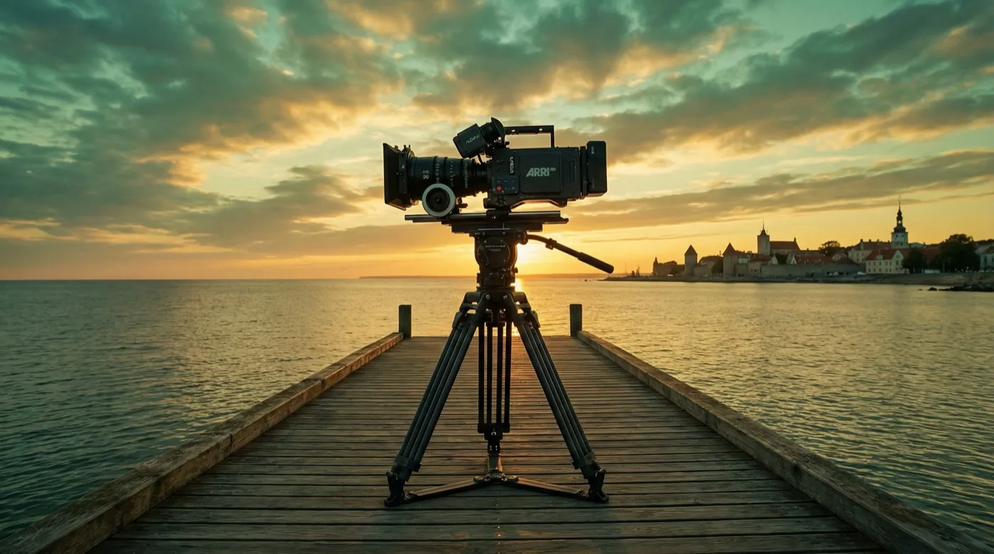 Produkcja filmowa w Gdyni - kamera na molo o zachodzie słońca